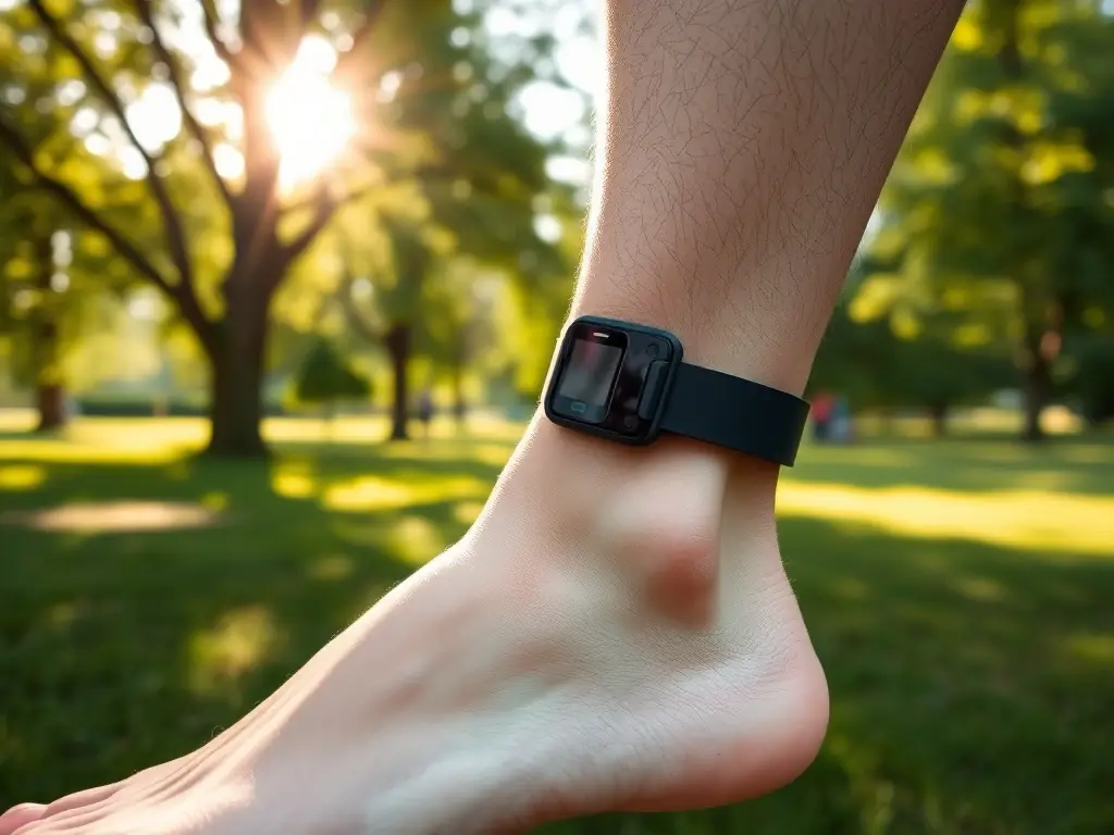 A close-up image of an ankle monitor being worn by a participant, symbolizing freedom and compliance, set in a natural outdoor environment to convey a sense of normalcy.