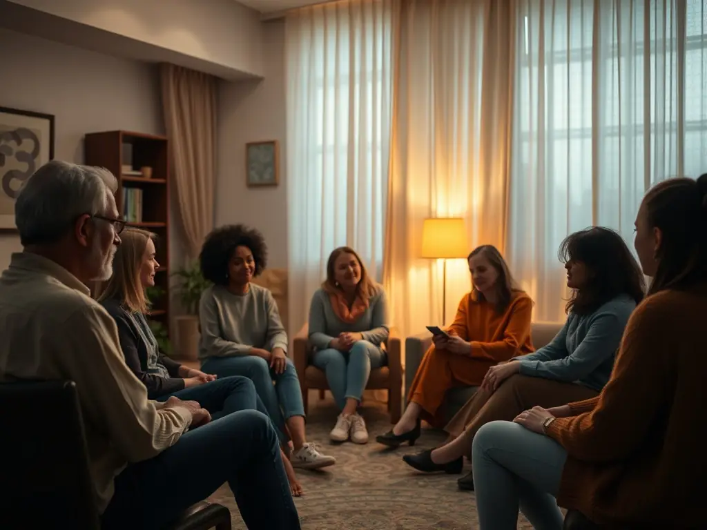 An image of a group therapy session in progress, showcasing participants engaged in recovery discussions, with a focus on positive interaction and support.