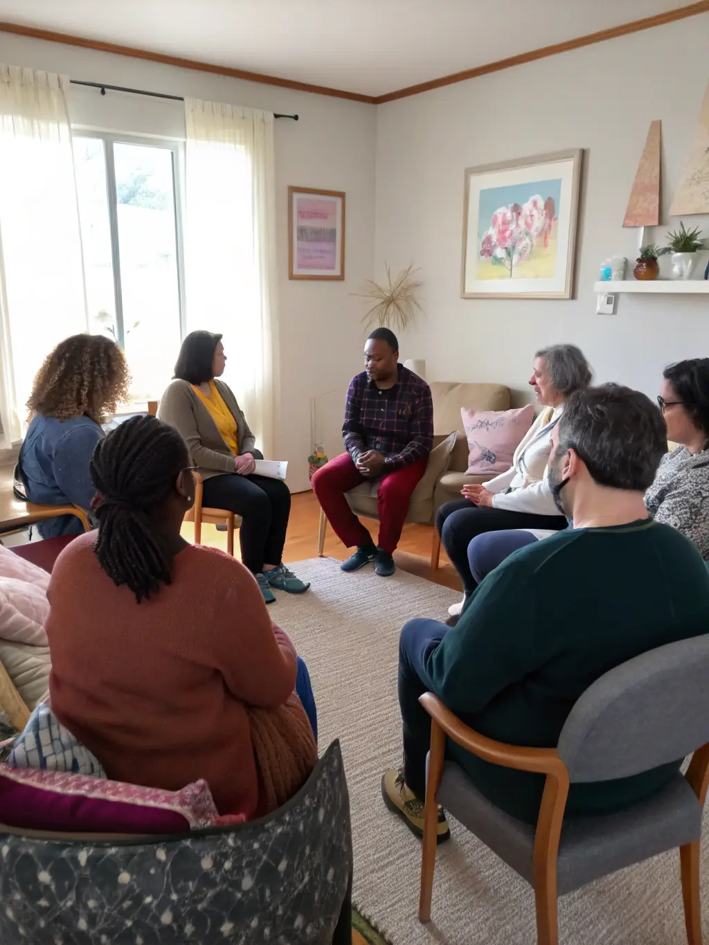 Participants engaging in a group therapy session, sharing experiences and supporting each other in their recovery journey.