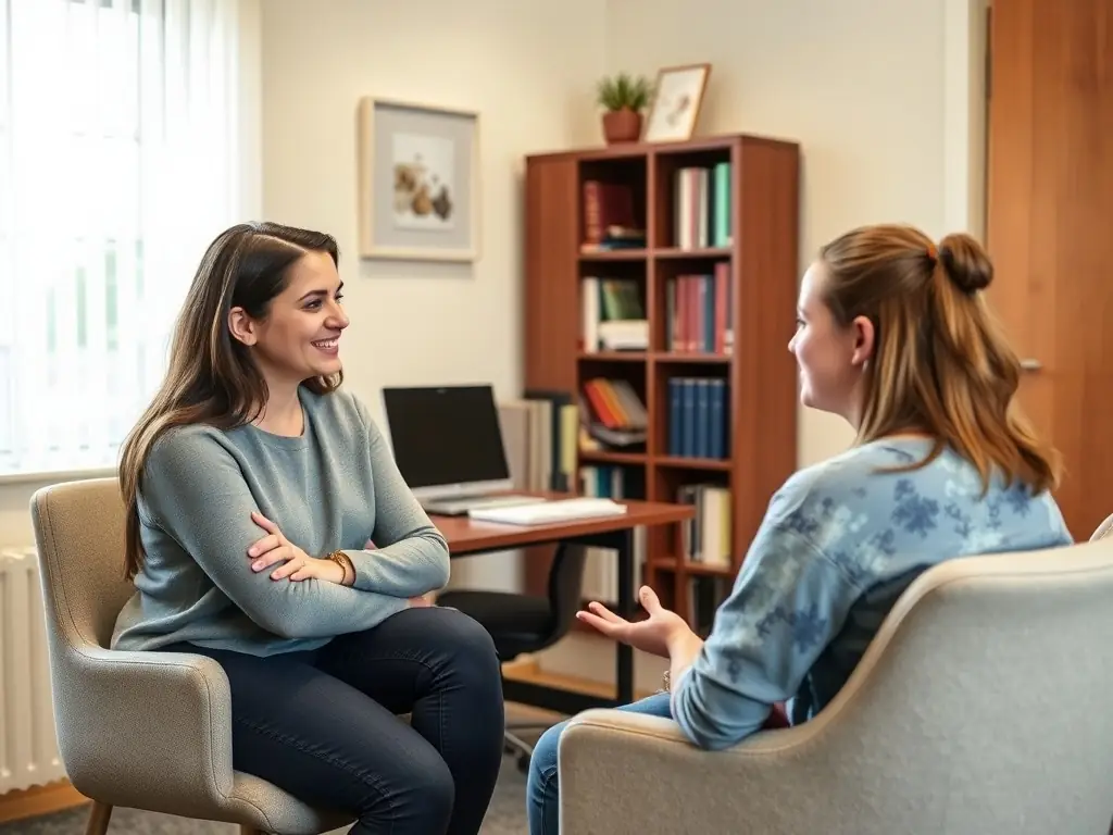 A serene image of a counselor and participant in a one-on-one session, emphasizing a safe space for discussion and emotional support.